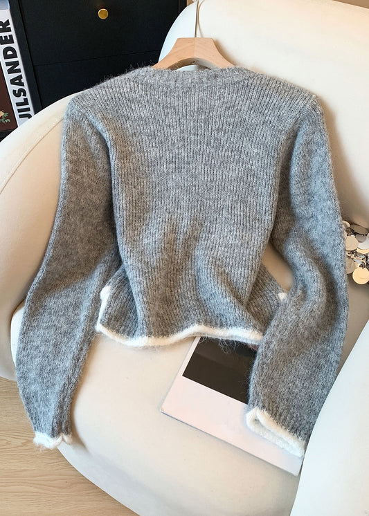 Loose Grey Button Pearl Cozy Patchwork Knit Sweater
