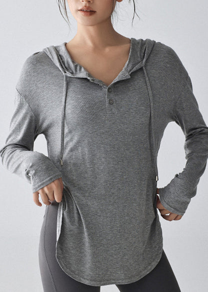 Loose Grey Drawstring Long Sleeve Hooded Yoga Top