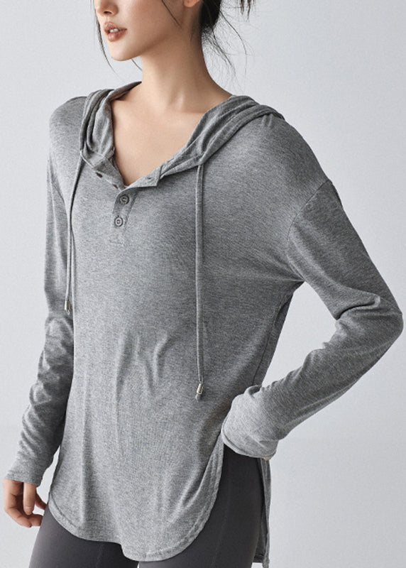 Loose Grey Drawstring Long Sleeve Hooded Yoga Top