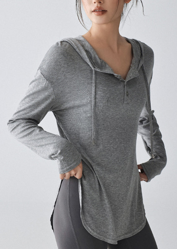 Loose Grey Drawstring Long Sleeve Hooded Yoga Top
