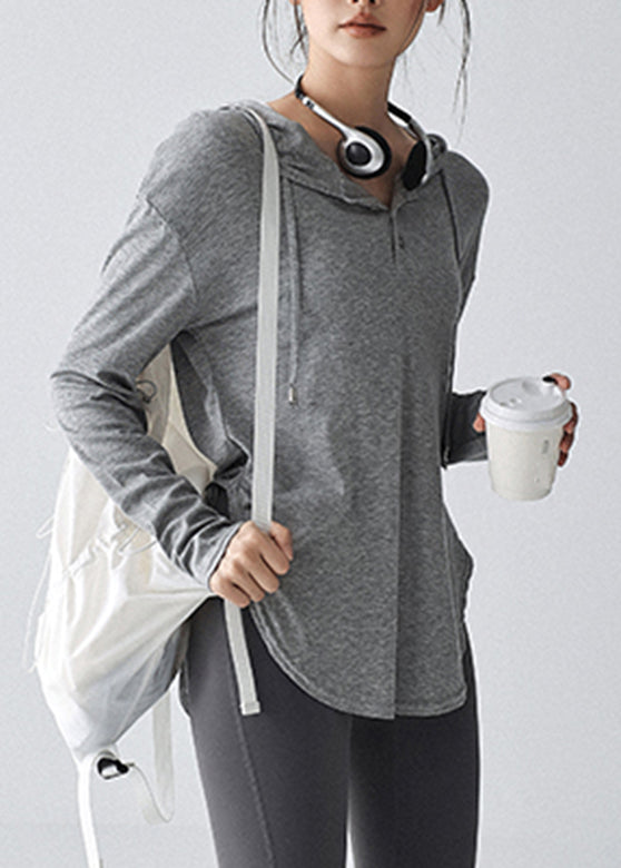 Loose Grey Drawstring Long Sleeve Hooded Yoga Top