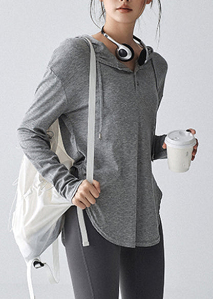 Loose Grey Drawstring Long Sleeve Hooded Yoga Top