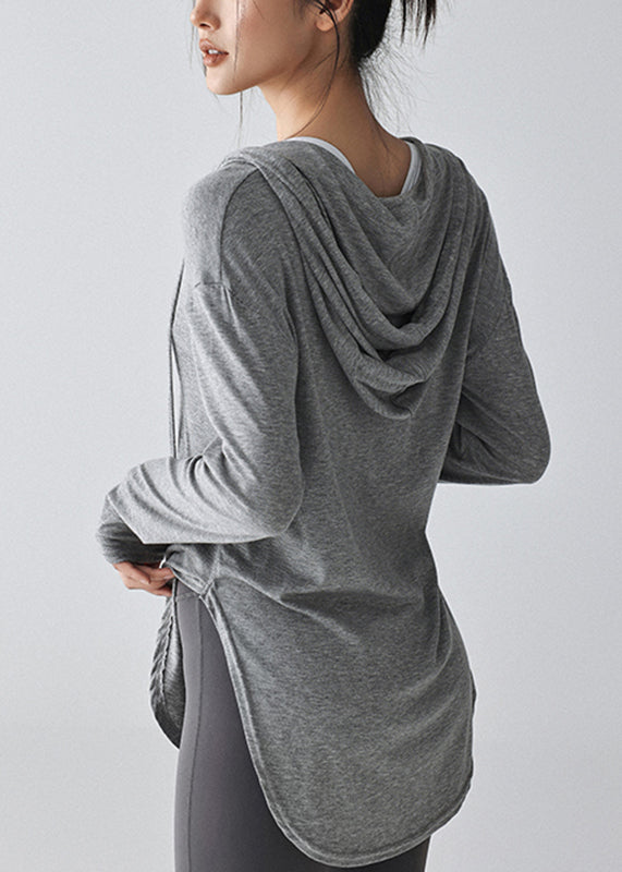 Loose Grey Drawstring Long Sleeve Hooded Yoga Top