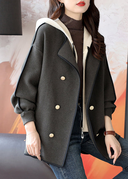 Loose Grey Hooded Double Breast Patchwork Woolen Coats Winter