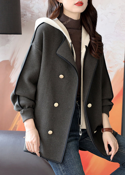 Loose Grey Hooded Double Breast Patchwork Woolen Coats Winter