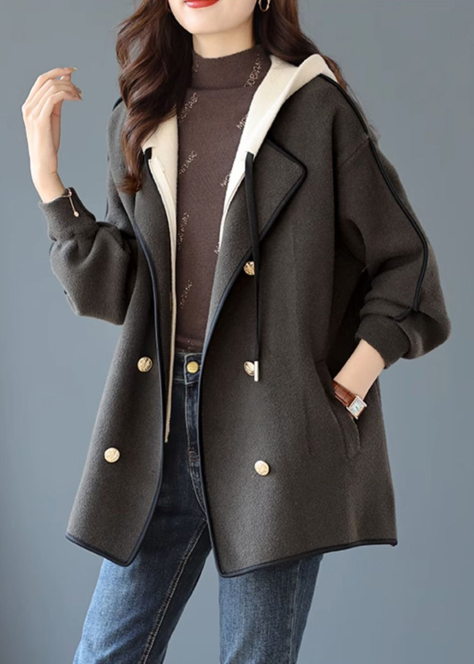 Loose Grey Hooded Double Breast Patchwork Woolen Coats Winter