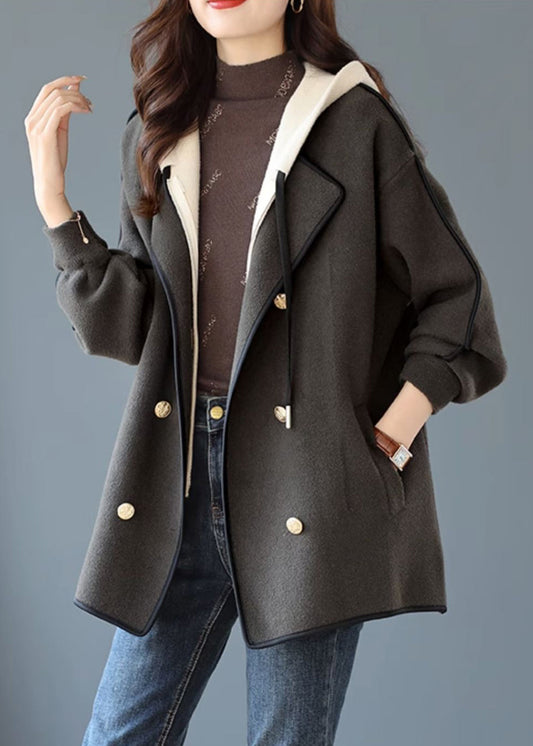 Loose Grey Hooded Double Breast Patchwork Woolen Coats Winter