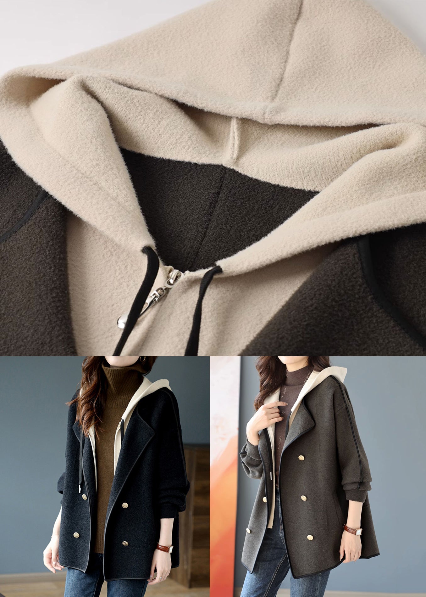 Loose Grey Hooded Double Breast Patchwork Woolen Coats Winter