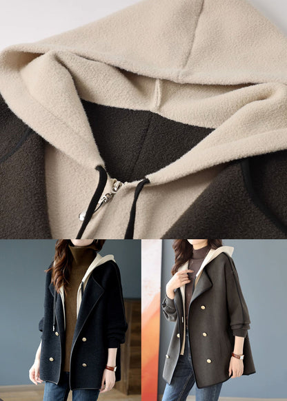 Loose Grey Hooded Double Breast Patchwork Woolen Coats Winter