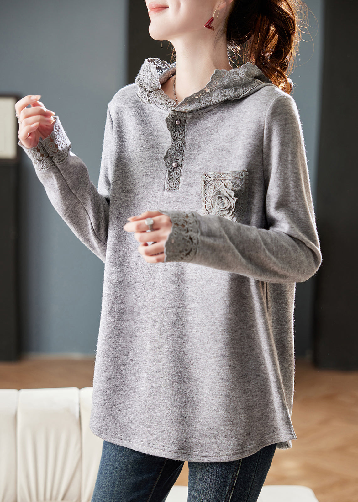 Loose Grey Hooded Lace Patchwork Knitting Cotton T Shirts Spring