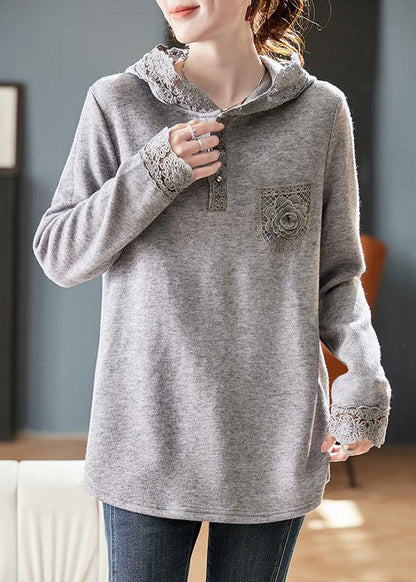 Loose Grey Hooded Lace Patchwork Knitting Cotton T Shirts Spring