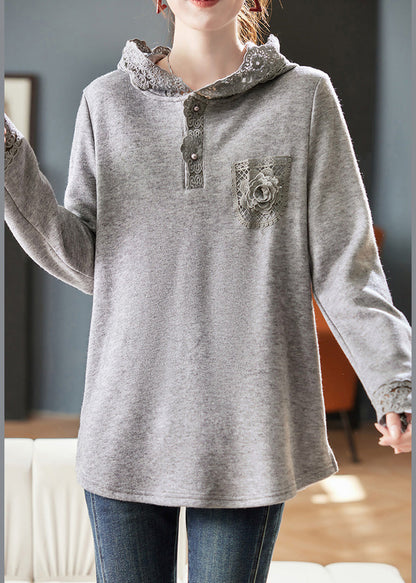 Loose Grey Hooded Lace Patchwork Knitting Cotton T Shirts Spring