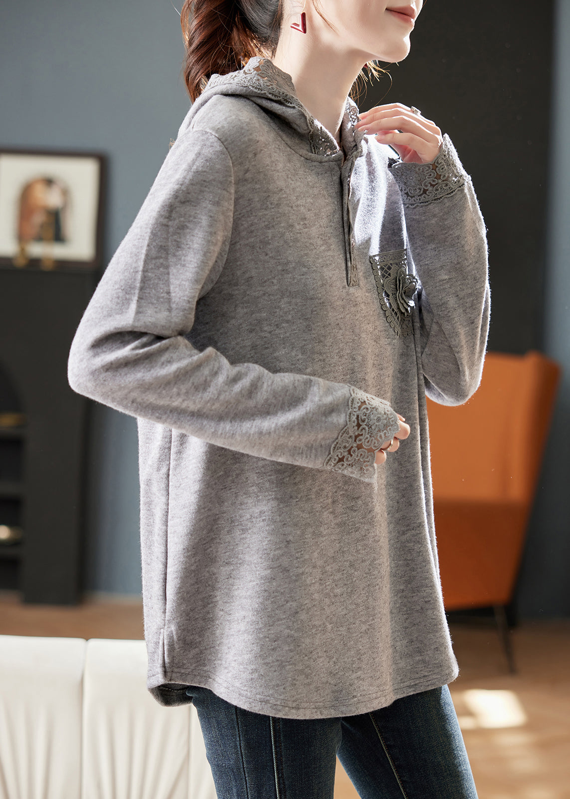 Loose Grey Hooded Lace Patchwork Knitting Cotton T Shirts Spring