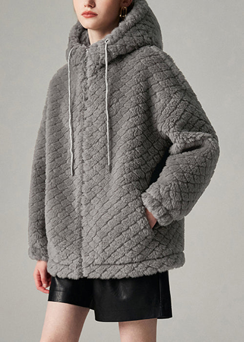 Loose Grey Hooded Pockets Woolen Coat Winter