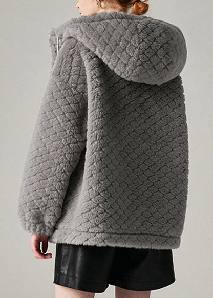Loose Grey Hooded Pockets Woolen Coat Winter