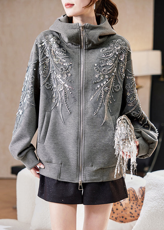 Loose Grey Hooded Sequins Nail Bead Cotton Coats Spring