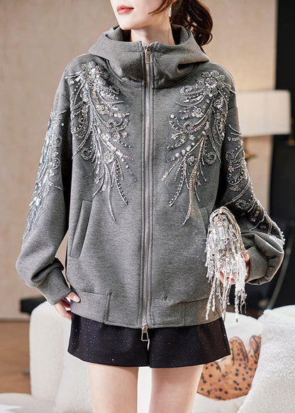 Loose Grey Hooded Sequins Nail Bead Cotton Coats Spring