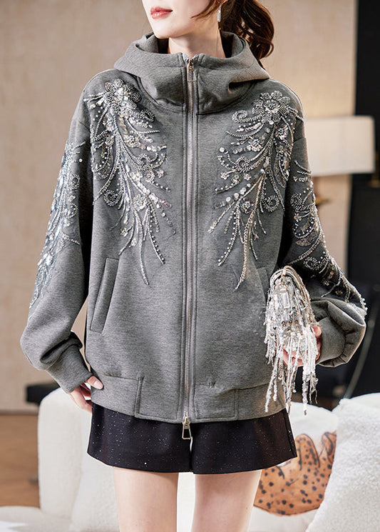 Loose Grey Hooded Sequins Nail Bead Cotton Coats Spring