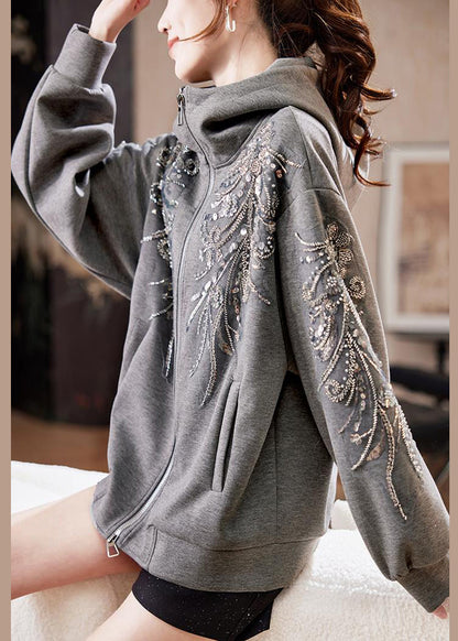 Loose Grey Hooded Sequins Nail Bead Cotton Coats Spring
