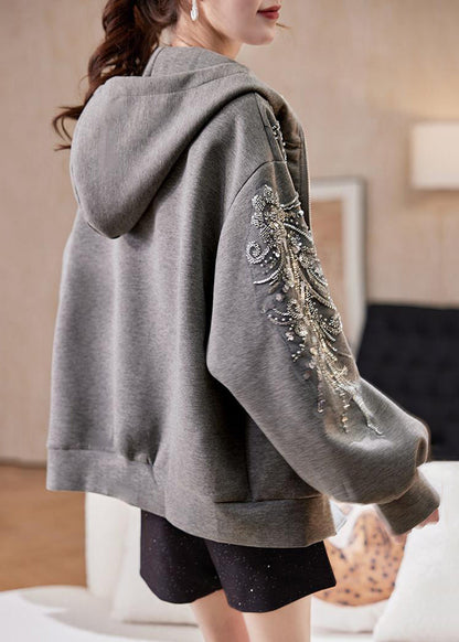Loose Grey Hooded Sequins Nail Bead Cotton Coats Spring
