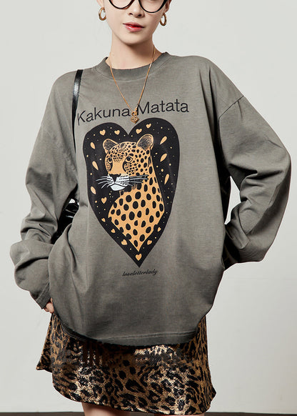 Lockeres graues T-Shirt aus Baumwolle mit Rundhalsausschnitt, Tiermotiv und Buchstaben, Frühling