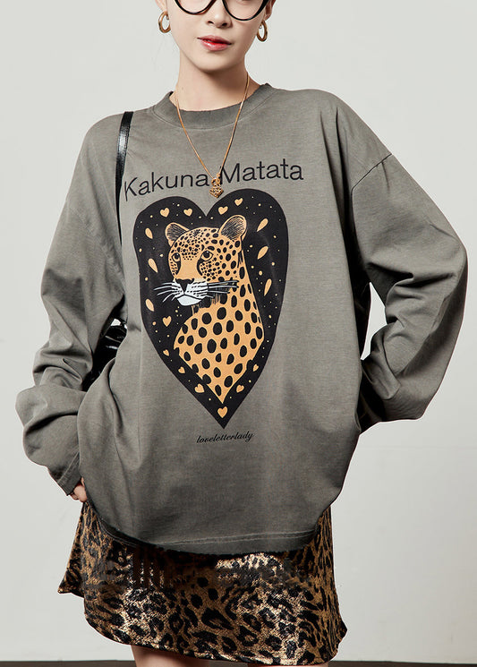 Lockeres graues T-Shirt aus Baumwolle mit Rundhalsausschnitt, Tiermotiv und Buchstaben, Frühling