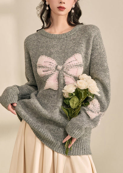 Loose Grey O-Neck Bow Cozy Cotton Knit Sweater Tops Spring
