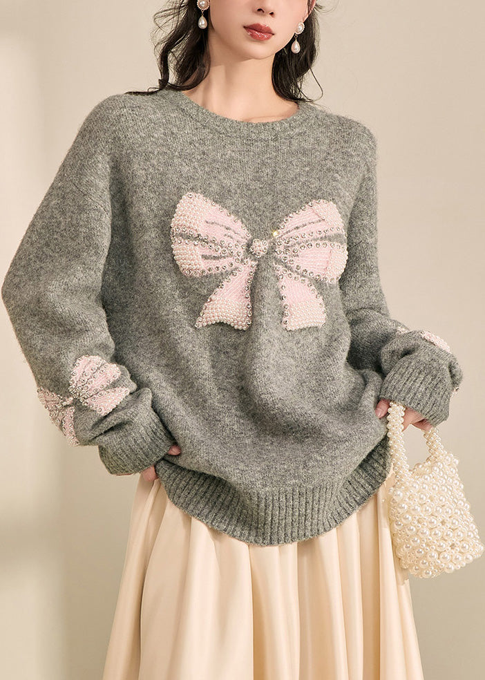 Loose Grey O-Neck Bow Cozy Cotton Knit Sweater Tops Spring