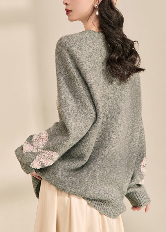 Loose Grey O-Neck Bow Cozy Cotton Knit Sweater Tops Spring
