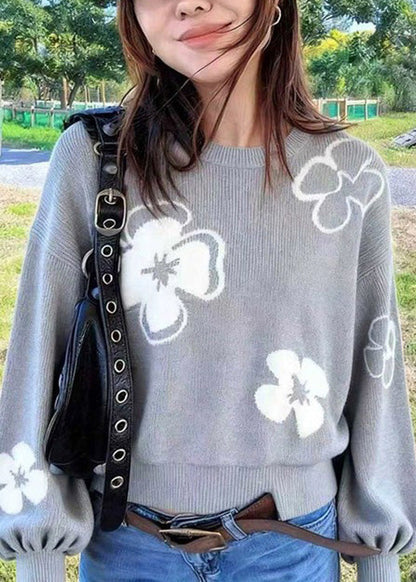 Loose Grey O Neck Floral Knit Sweaters Lantern Sleeve