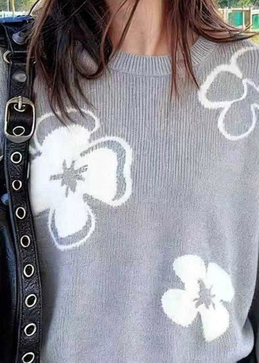 Loose Grey O Neck Floral Knit Sweaters Lantern Sleeve