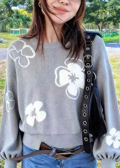 Loose Grey O Neck Floral Knit Sweaters Lantern Sleeve
