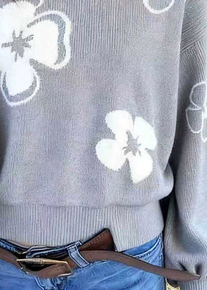 Loose Grey O Neck Floral Knit Sweaters Lantern Sleeve