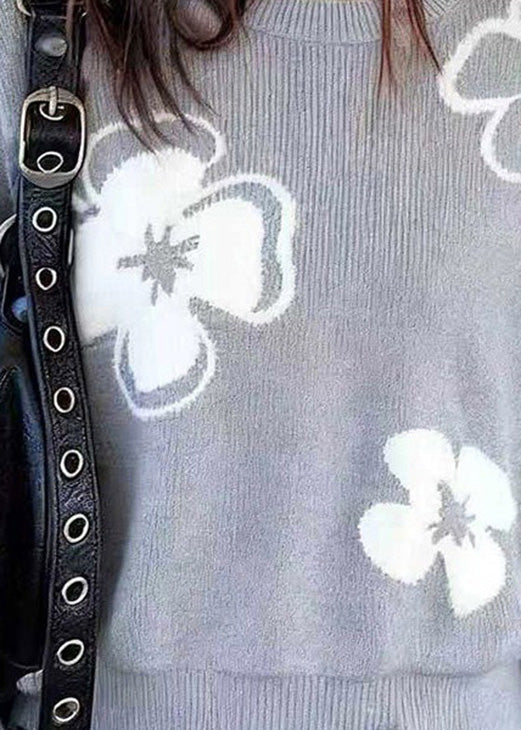 Loose Grey O Neck Floral Knit Sweaters Lantern Sleeve