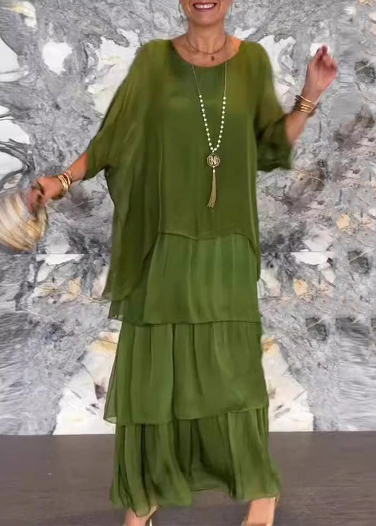 Lockeres, graues, einfarbiges Chiffon-Langkleid mit Rundhalsausschnitt und halblangen Ärmeln