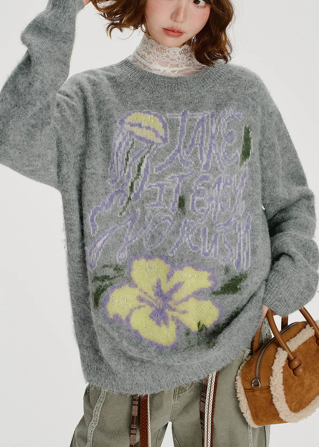 Loose Grey O Neck Thick Jacquard Knit Sweater Tops Winter