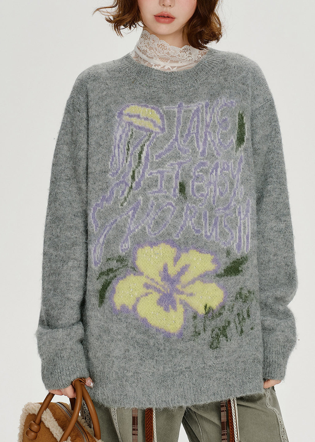 Loose Grey O Neck Thick Jacquard Knit Sweater Tops Winter