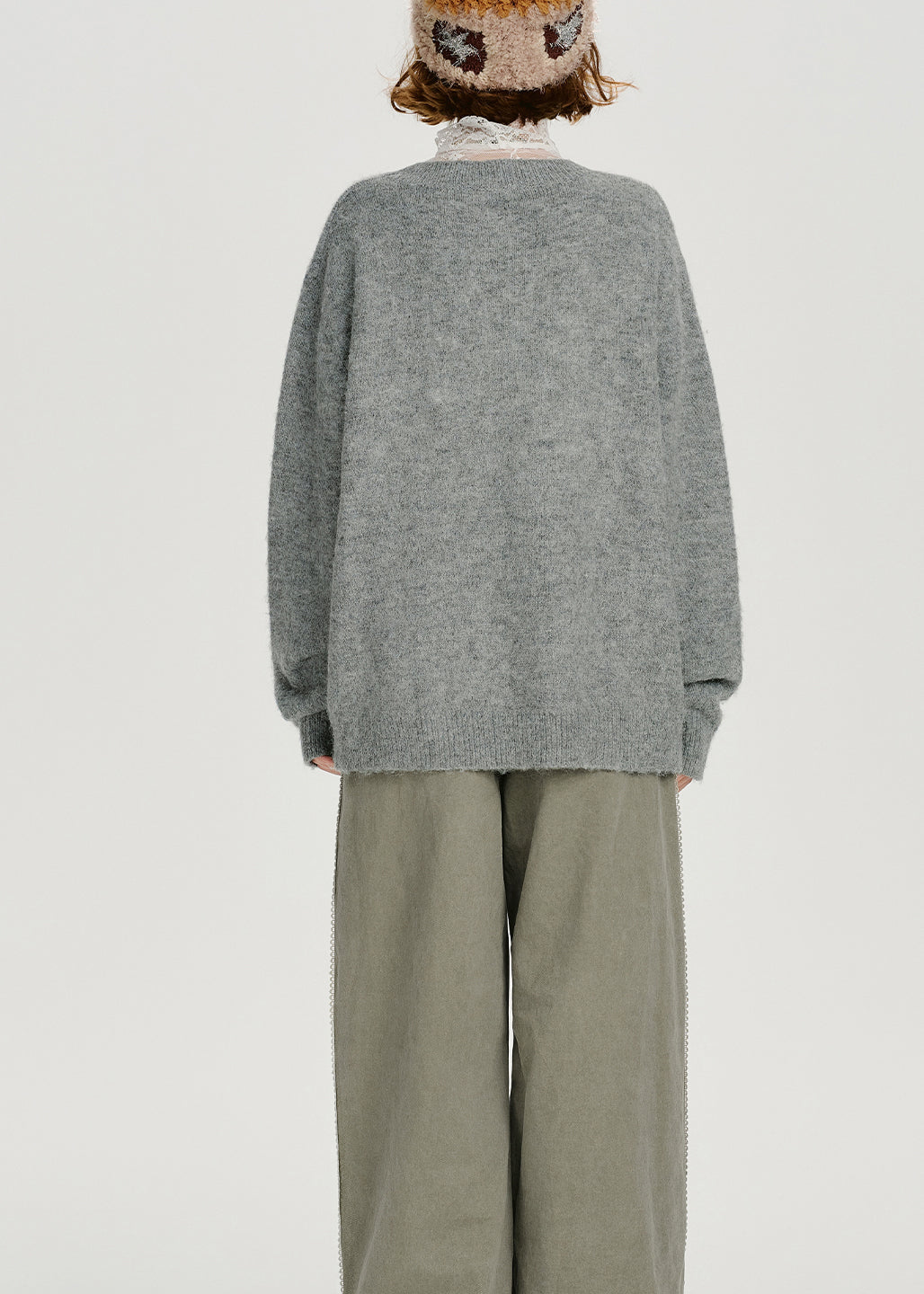 Loose Grey O Neck Thick Jacquard Knit Sweater Tops Winter