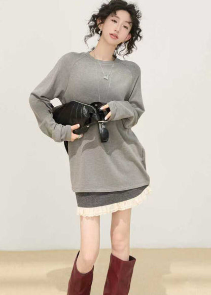 Camisa holgada de algodón gris con cuello redondo y efecto tie-dye para primavera