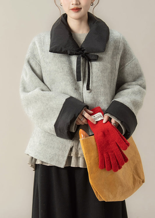 Abrigo holgado de lana gris con cuello Peter Pan y patchwork para invierno