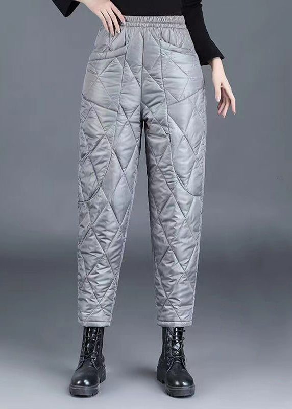 Weit geschnittene, graue karierte, knöchellange Hose mit Taschen, elastischem Bund und feiner Baumwollfüllung für den Winter