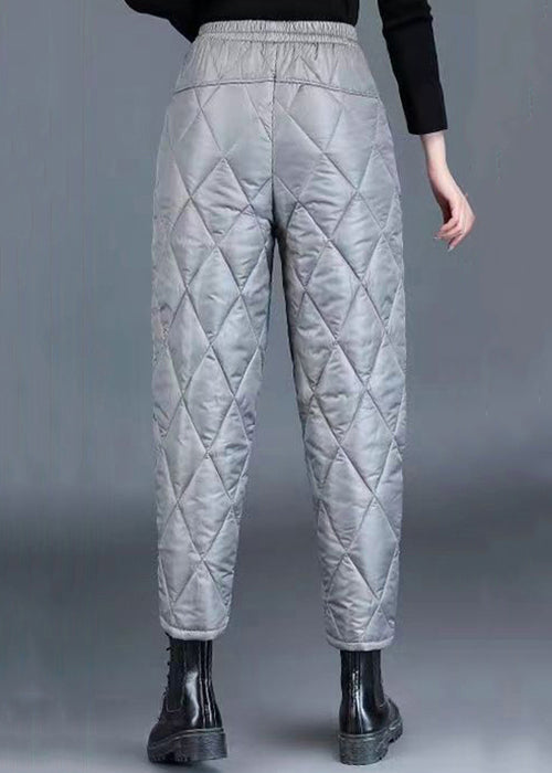 Weit geschnittene, graue karierte, knöchellange Hose mit Taschen, elastischem Bund und feiner Baumwollfüllung für den Winter