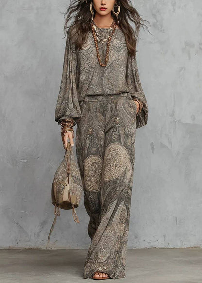 Loose Grey Print O-Neck Two Pieces Set Long Sleeve