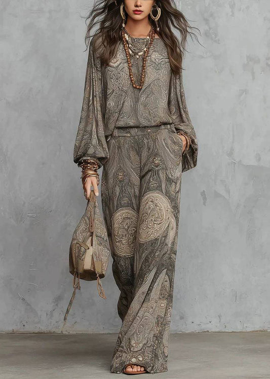 Loose Grey Print O-Neck Two Pieces Set Long Sleeve