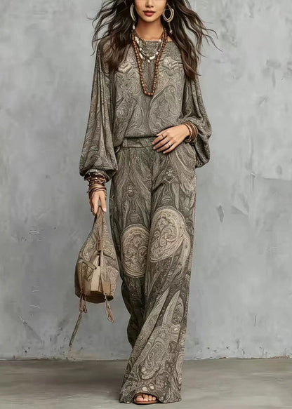Loose Grey Print O-Neck Two Pieces Set Long Sleeve