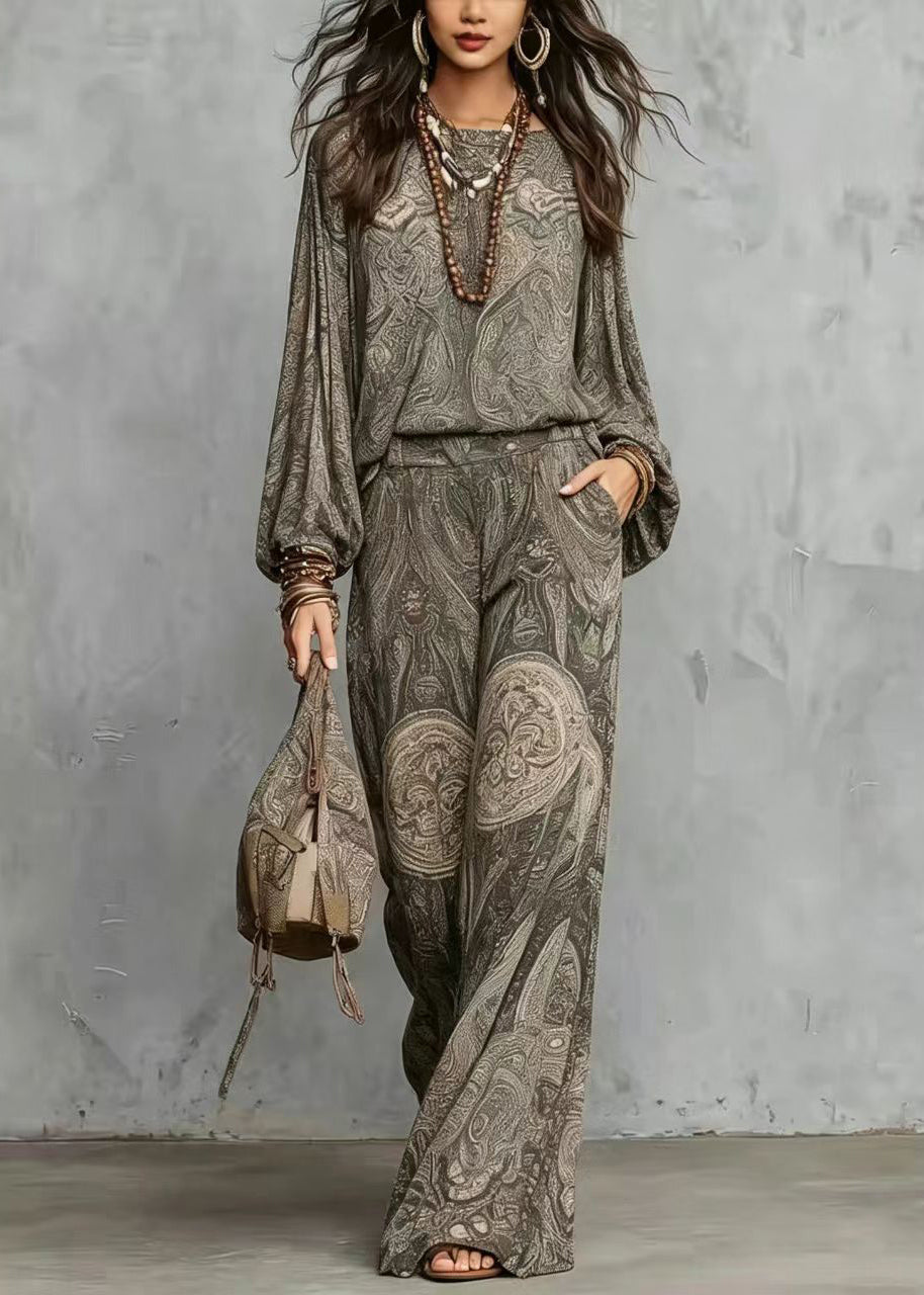 Loose Grey Print O-Neck Two Pieces Set Long Sleeve