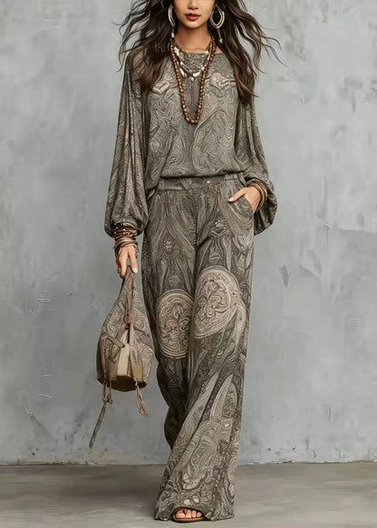 Loose Grey Print O-Neck Two Pieces Set Long Sleeve