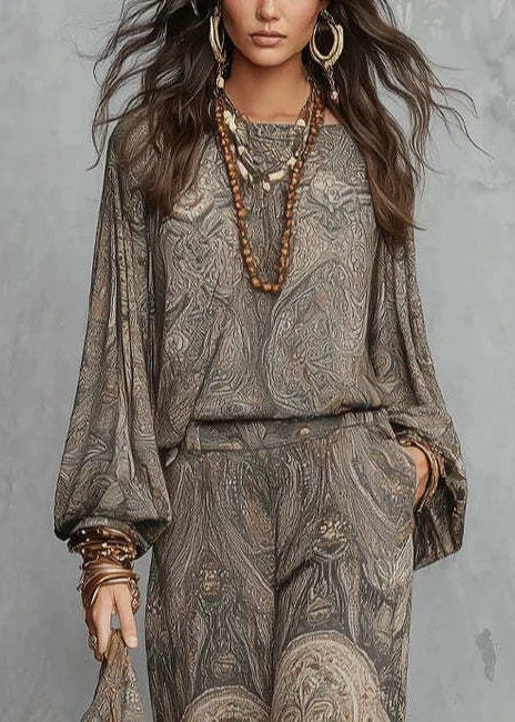 Loose Grey Print O-Neck Two Pieces Set Long Sleeve