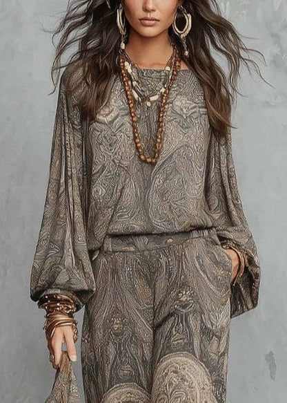 Loose Grey Print O-Neck Two Pieces Set Long Sleeve