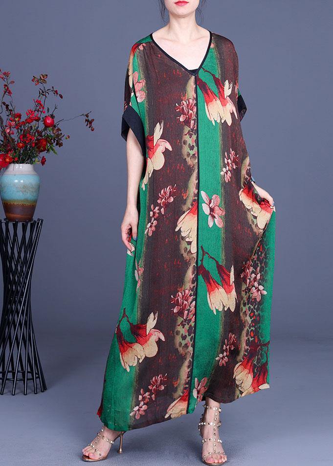 Loose Grey Print V Neck Short Sleeve Chiffon Vacation Dresses - SooLinen